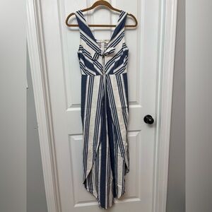 Blue Linen-Blend Striped Wide Leg Jumpsuit | Taylor & Sage S